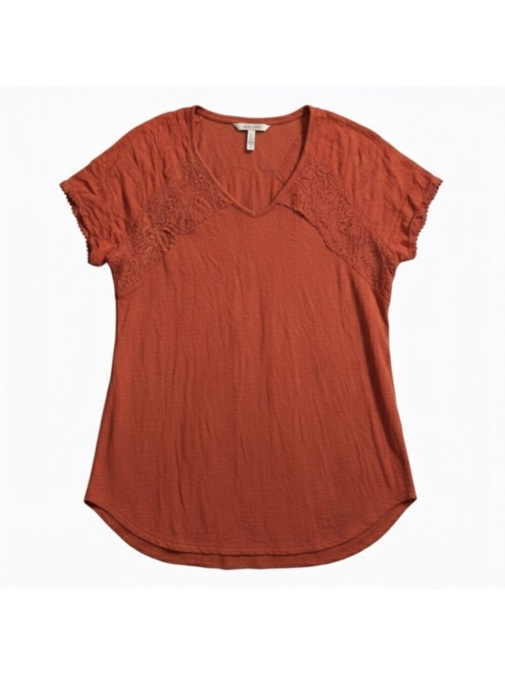 Knox Rose Boho Lace Trim Top Red Orange Short Sleeve Lightweight Medium